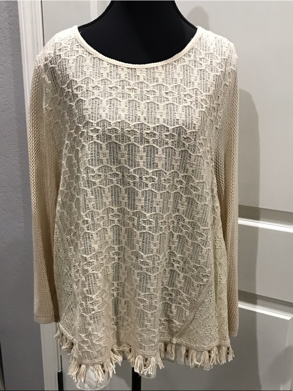 Chico's Cream Crochet Fringe Pullover